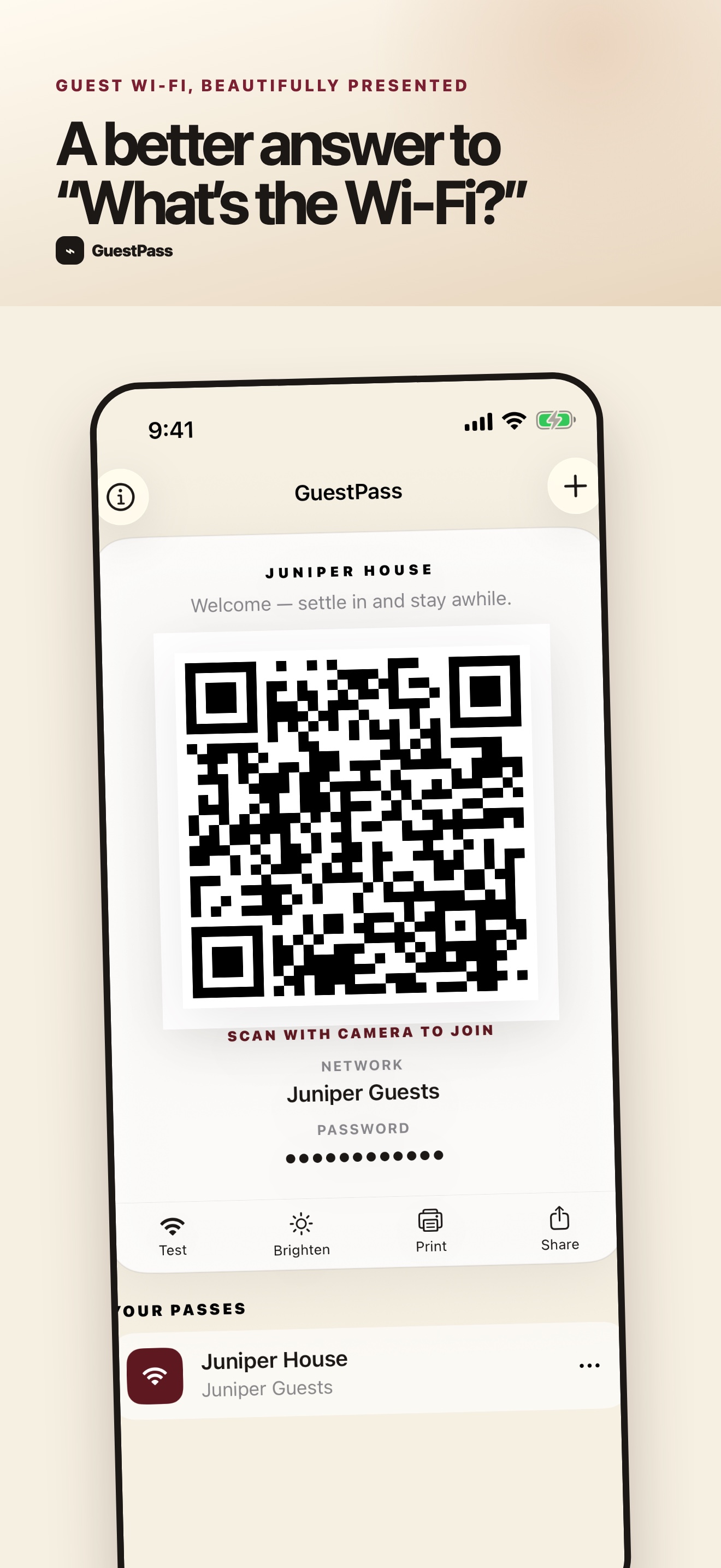 GuestPass on iPhone showing the Juniper House guest Wi-Fi QR pass